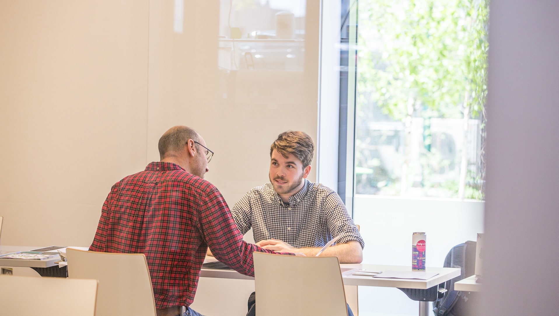 Male student and mentor in discussion in a conference ro