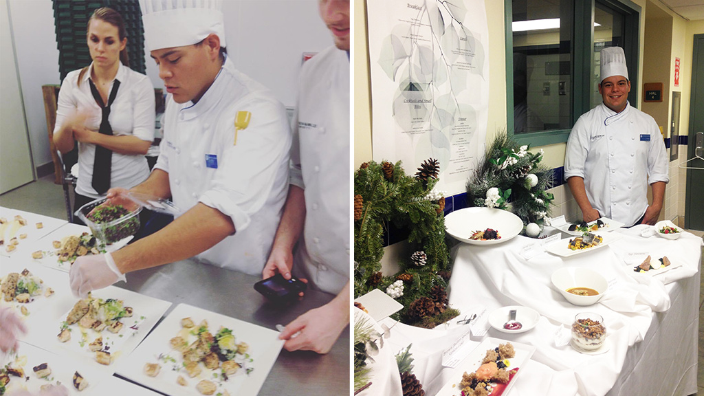 on the left, David Villanueva prepares plates of food and on the right he stands with a presentation table of food
