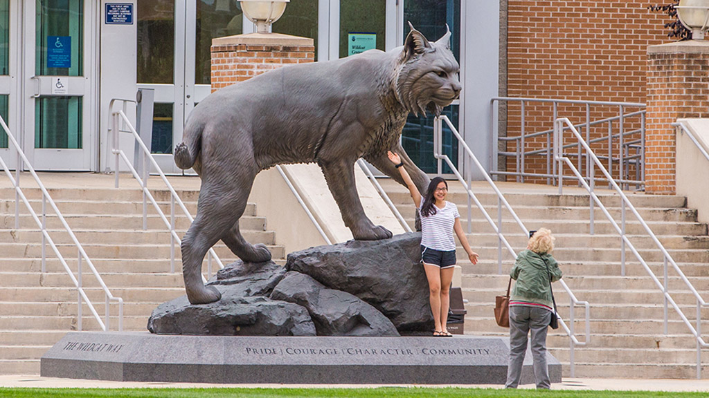 A student posing for a photo with the Wildcat statue