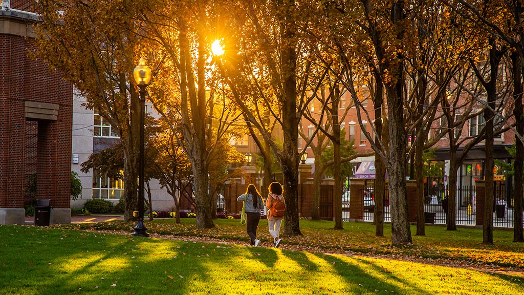 Students walking through Gaebe Commons with trees that have orange leaves for the fall