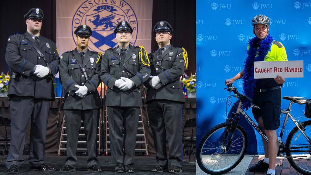 photo collage showing several JWU Providence Campus Safety & Security officers in uniform as well as Executive Director LeRoy Rose dressed casually on a bicycle