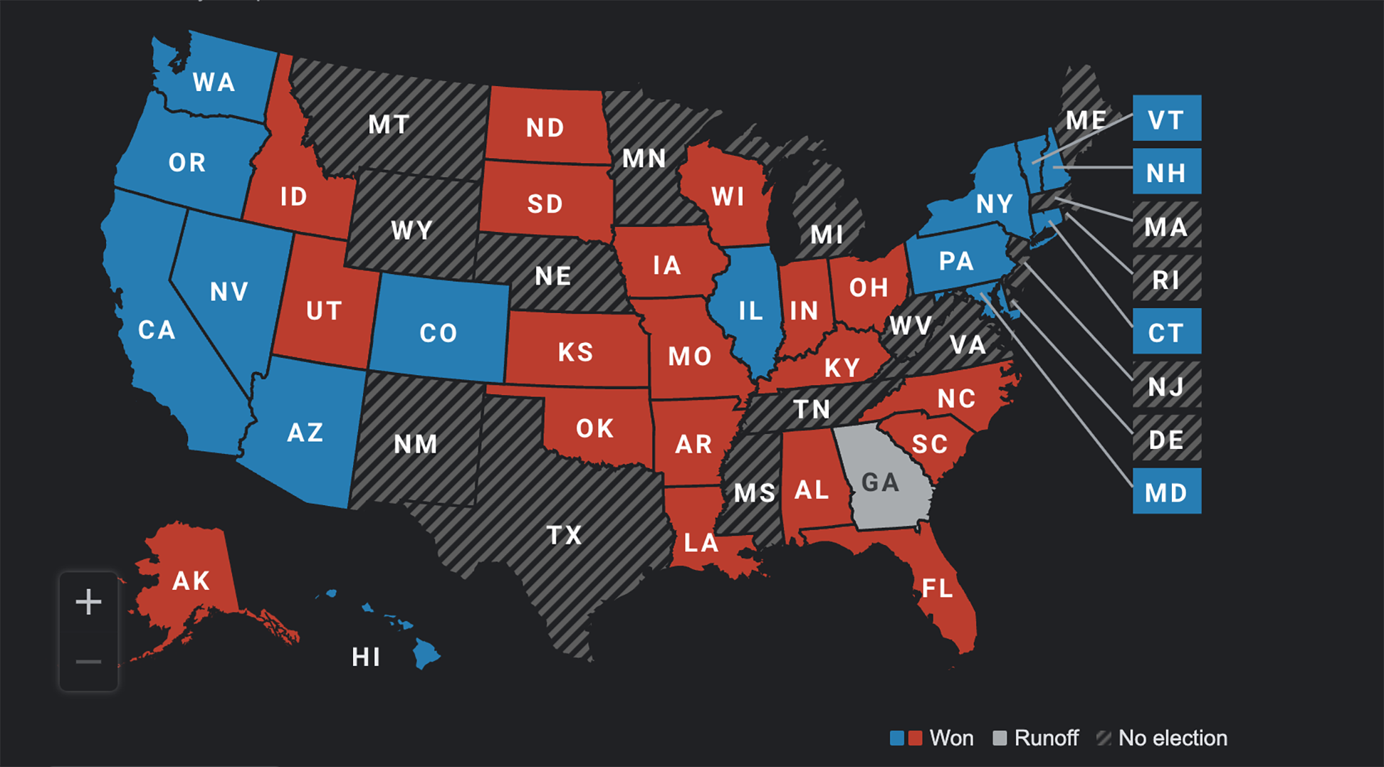 2022 Electoral Map divided into blue, red and indeterminate states.