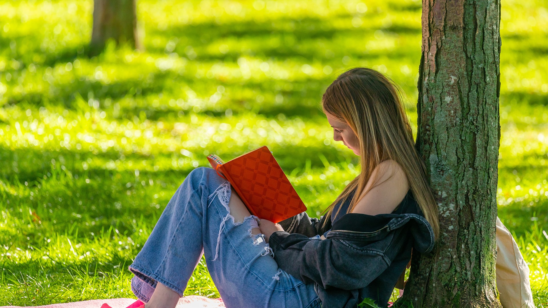 Girls reads book outside leaning against tree