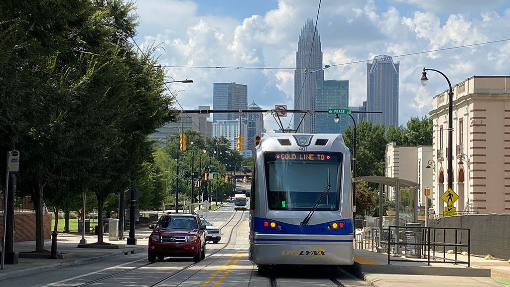 The new Charlotte City Lynx street car driving on the Gold Line route
