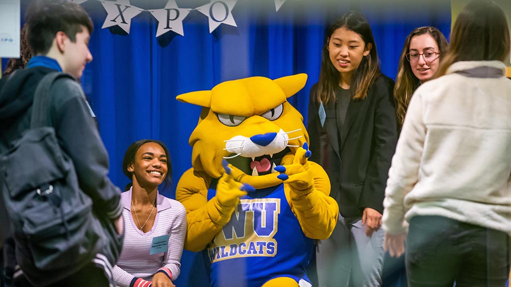 JWU mascot Wildcat Willie poses with a thumbs-up at a career expo