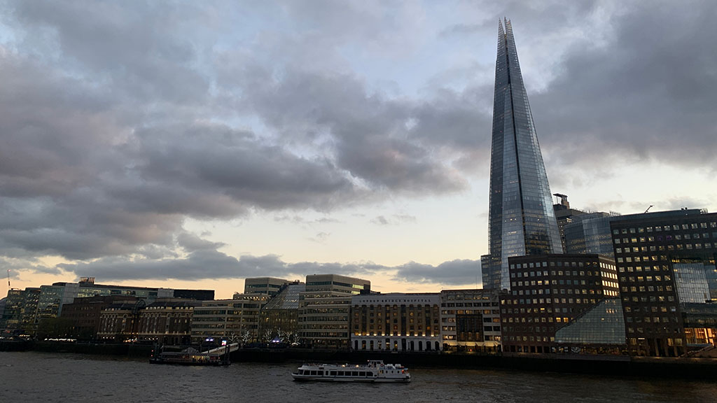 photo of the skyline in London from the London Bridge