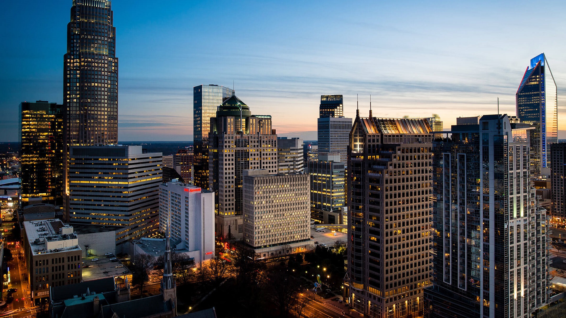 The Charlotte, NC city skyline at night