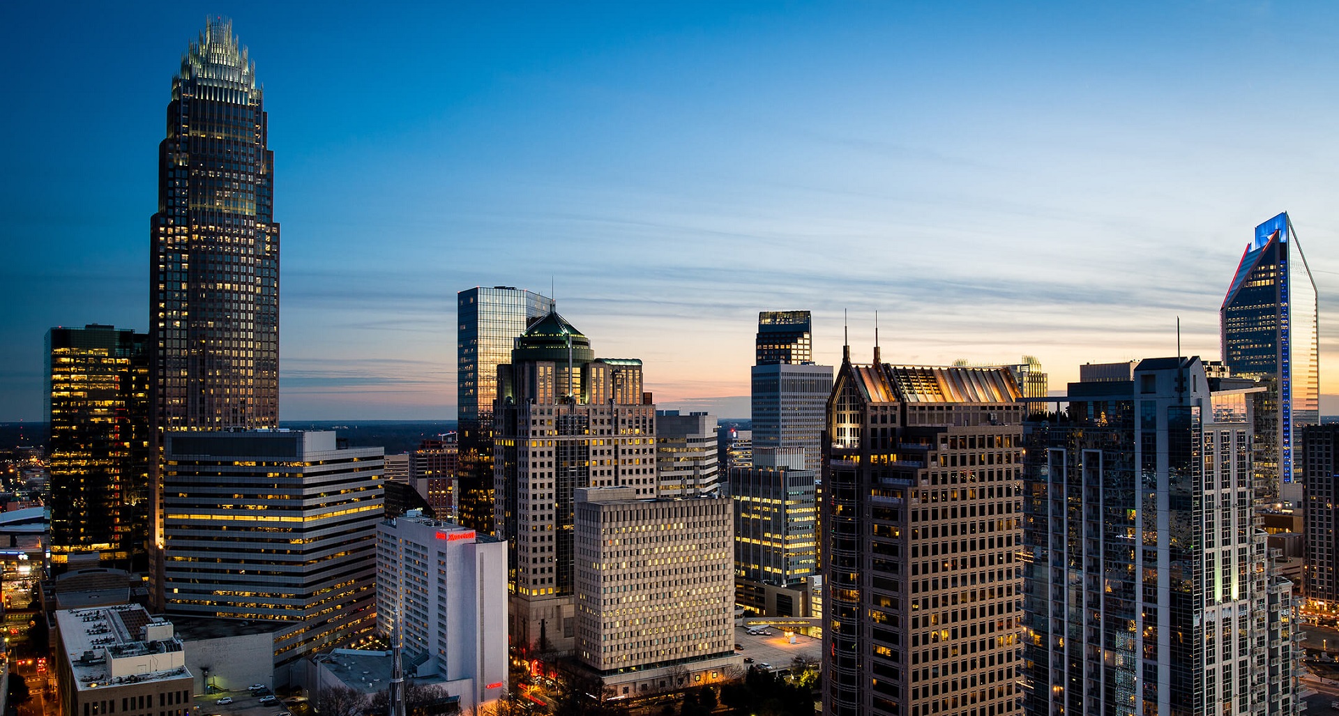 The Charlotte, NC city skyline at night