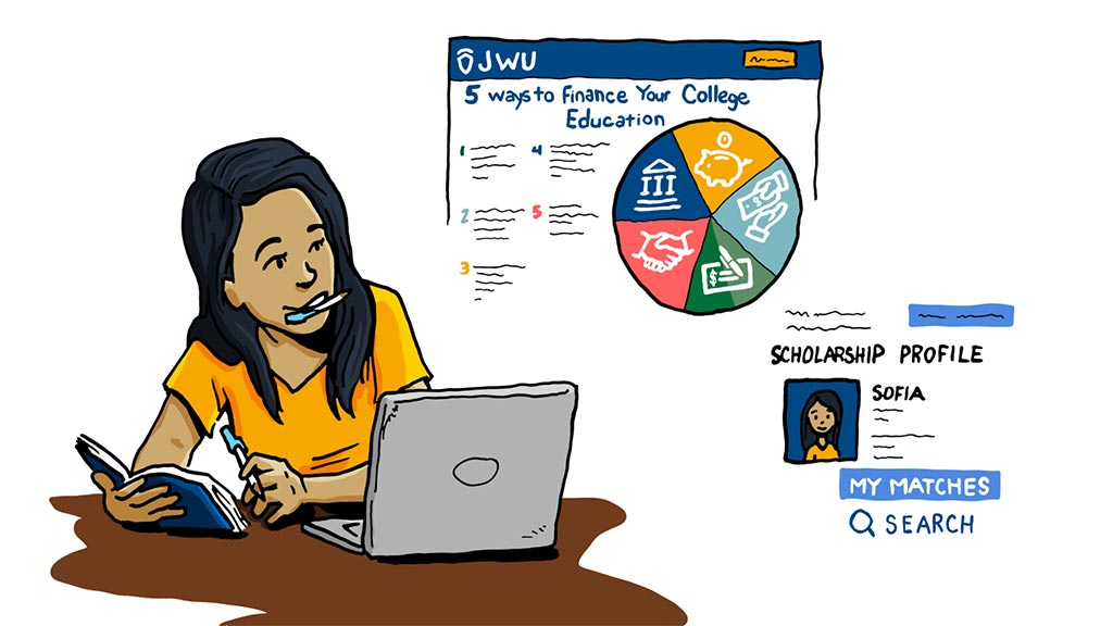 drawing of a young woman with a pen in her mouth focusing on her laptop while considering financial aid options
