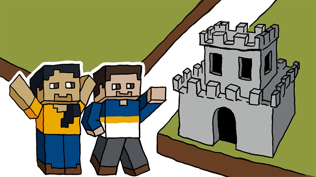 drawing of two Minecraft avatars and a castle