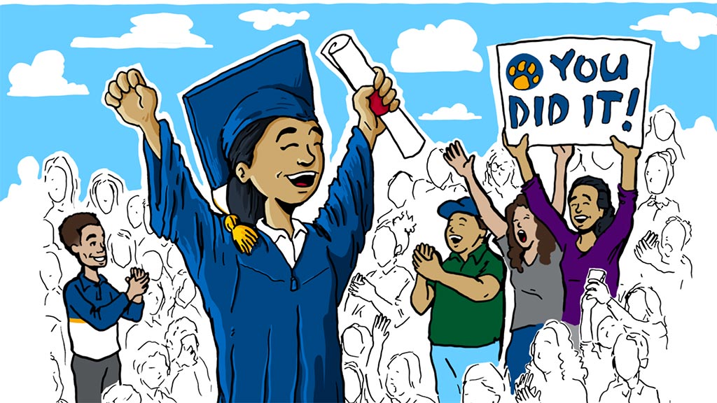 drawing of a young woman in cap and gown at Commencement while her cartoon family holds up a "you did it!" sign