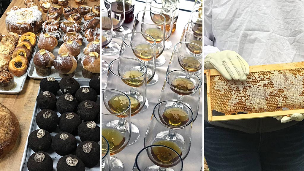 a photo collage of baked goods, glasses of mead and a frame of capped honey from a beehive