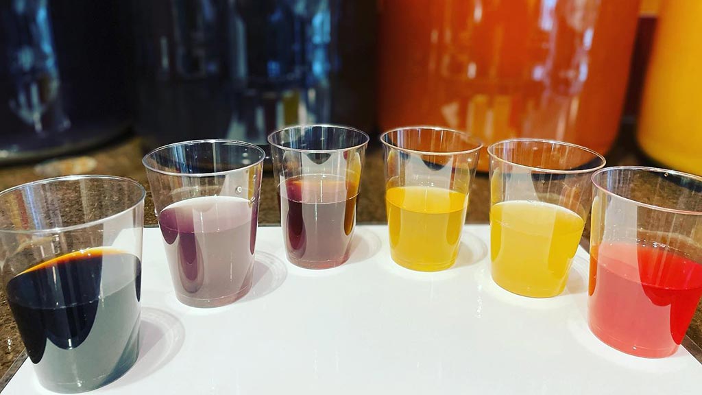 a photo showing six cups, each partially filled with a different color saison created by JWU students
