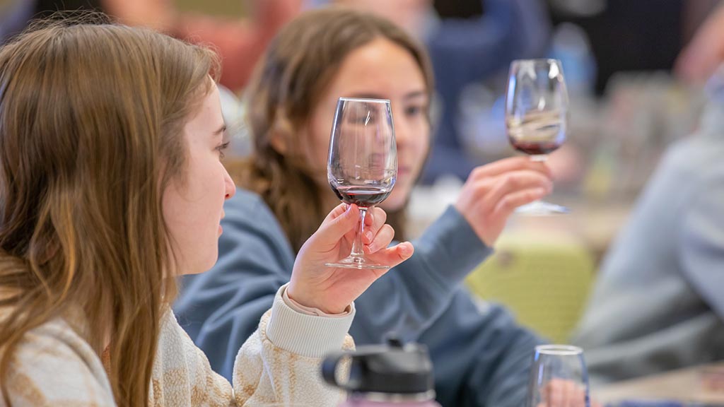 an artistic photo focusing on glasses of wine while the JWU students holding them are blurred out