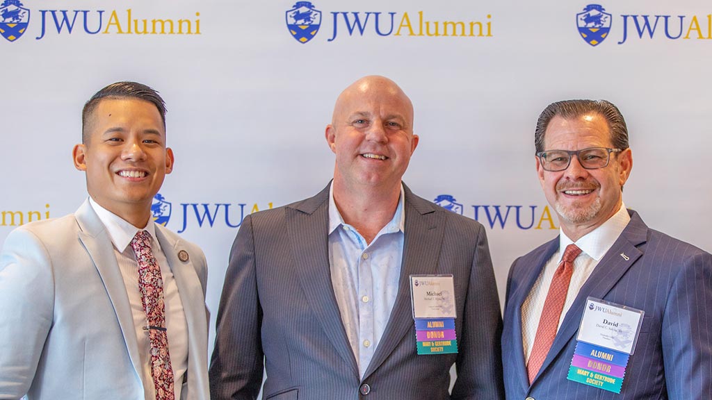 JWU 2023 Distinguished Alumni winners Geo Lanez C.E.C. '12, '14 MBA; David Salcfas '88; and Mike Rypka '96