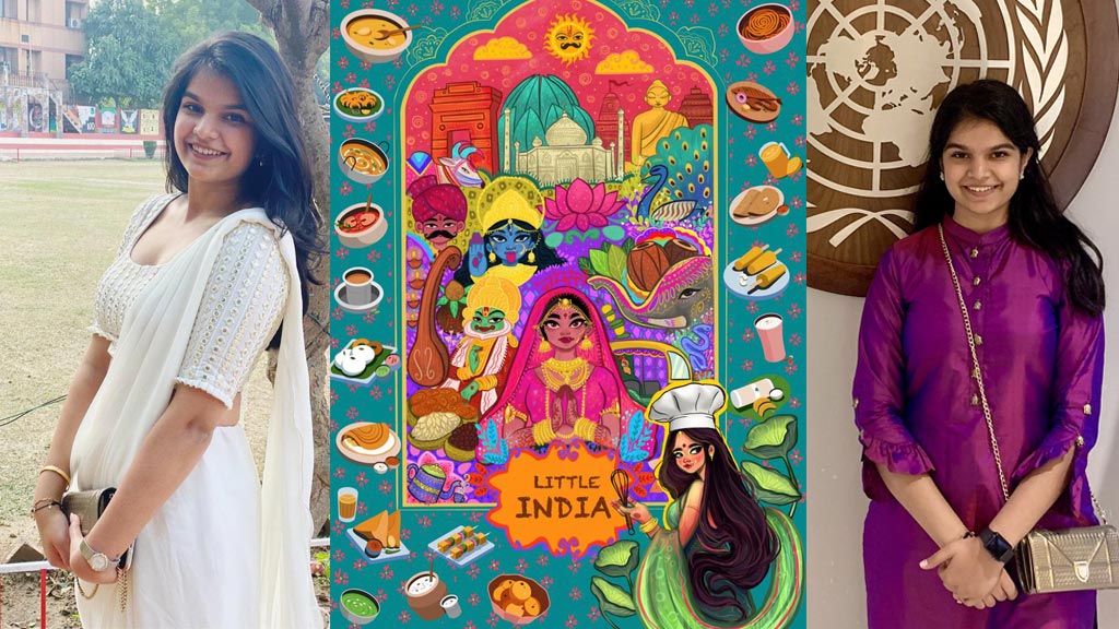 photo collage of Manika Chakerverty ‘25 in two traditional Indian outfits along with a flyer she distributed for the Little India student club