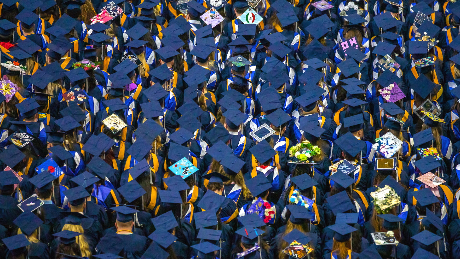 Closeup of a sea of mortarboards at undergraduate Commencement.