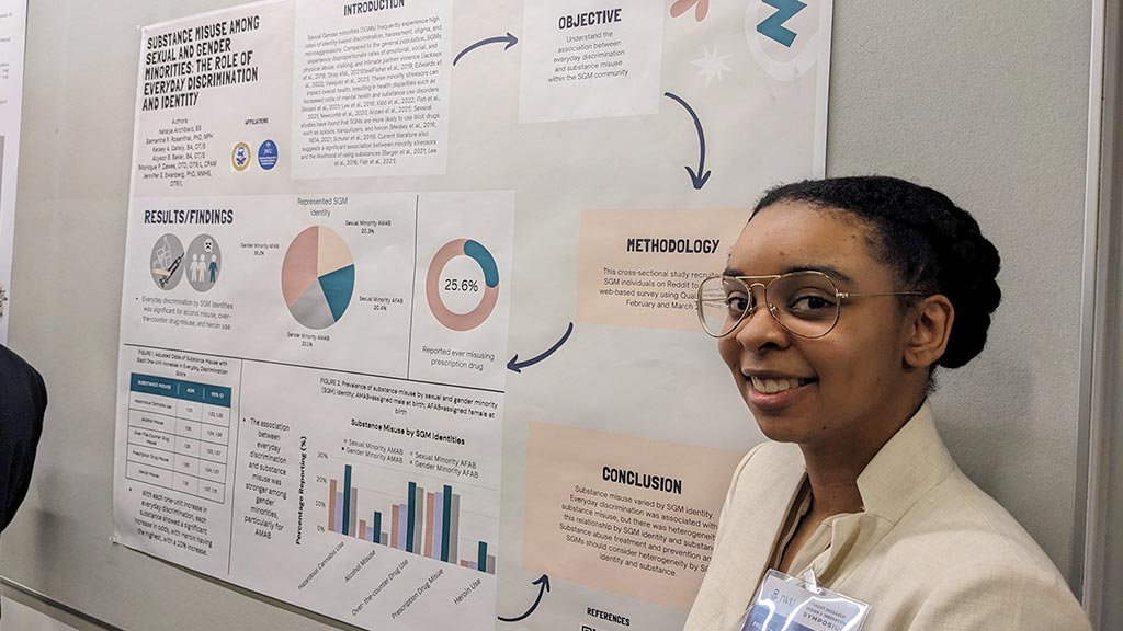 Health Sciences student Natalya Archibald '23 poses with her symposium poster