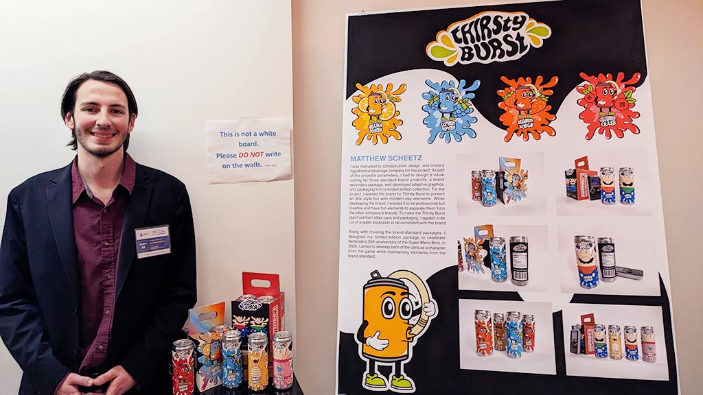 Graphic Design major Matt Scheetz '24 and his pop culture-based drink packaging