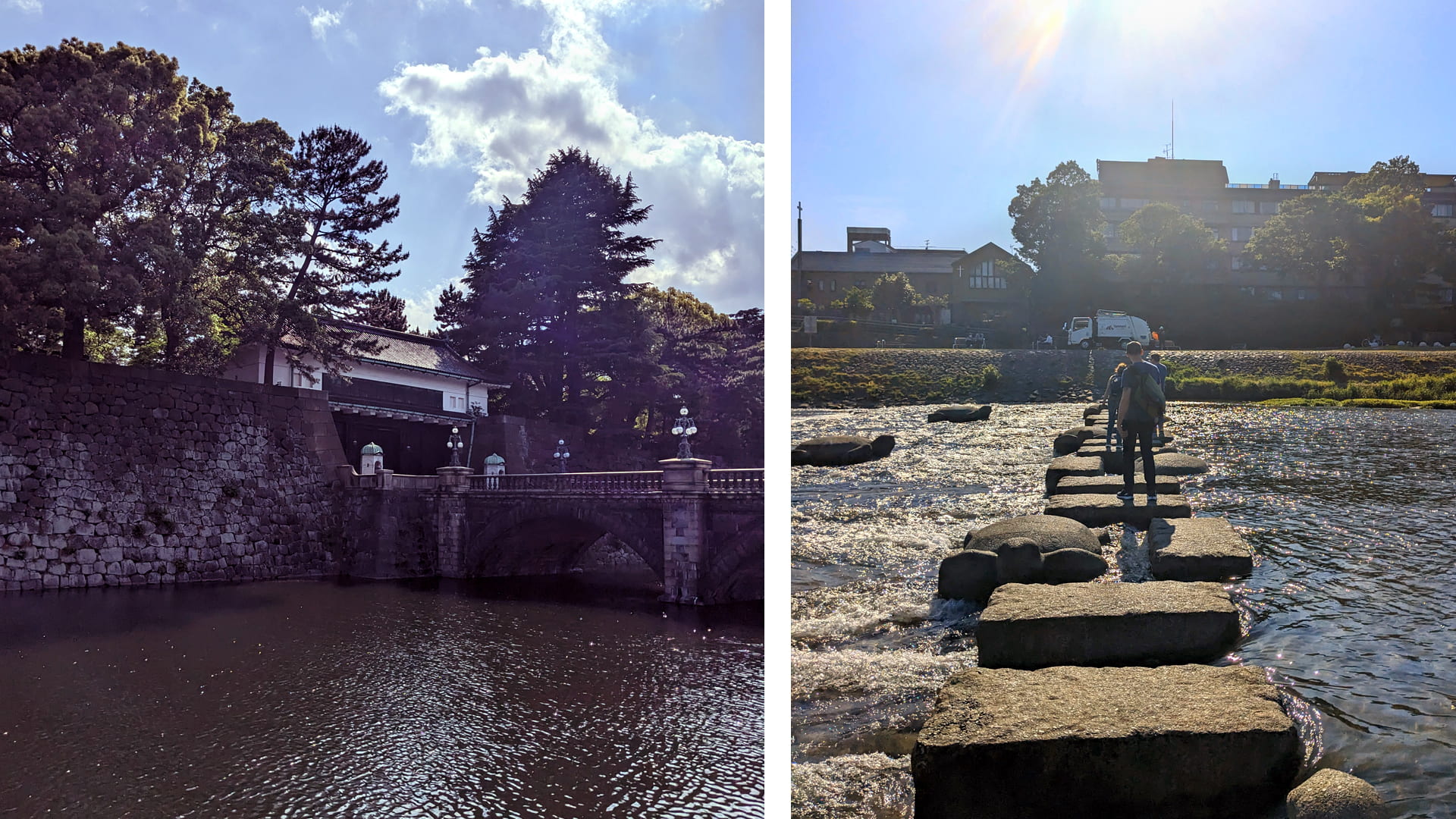 Kyoto waterways: View of a temple along the river (left), and the JWU crew walking across the river on stone pylons (right).