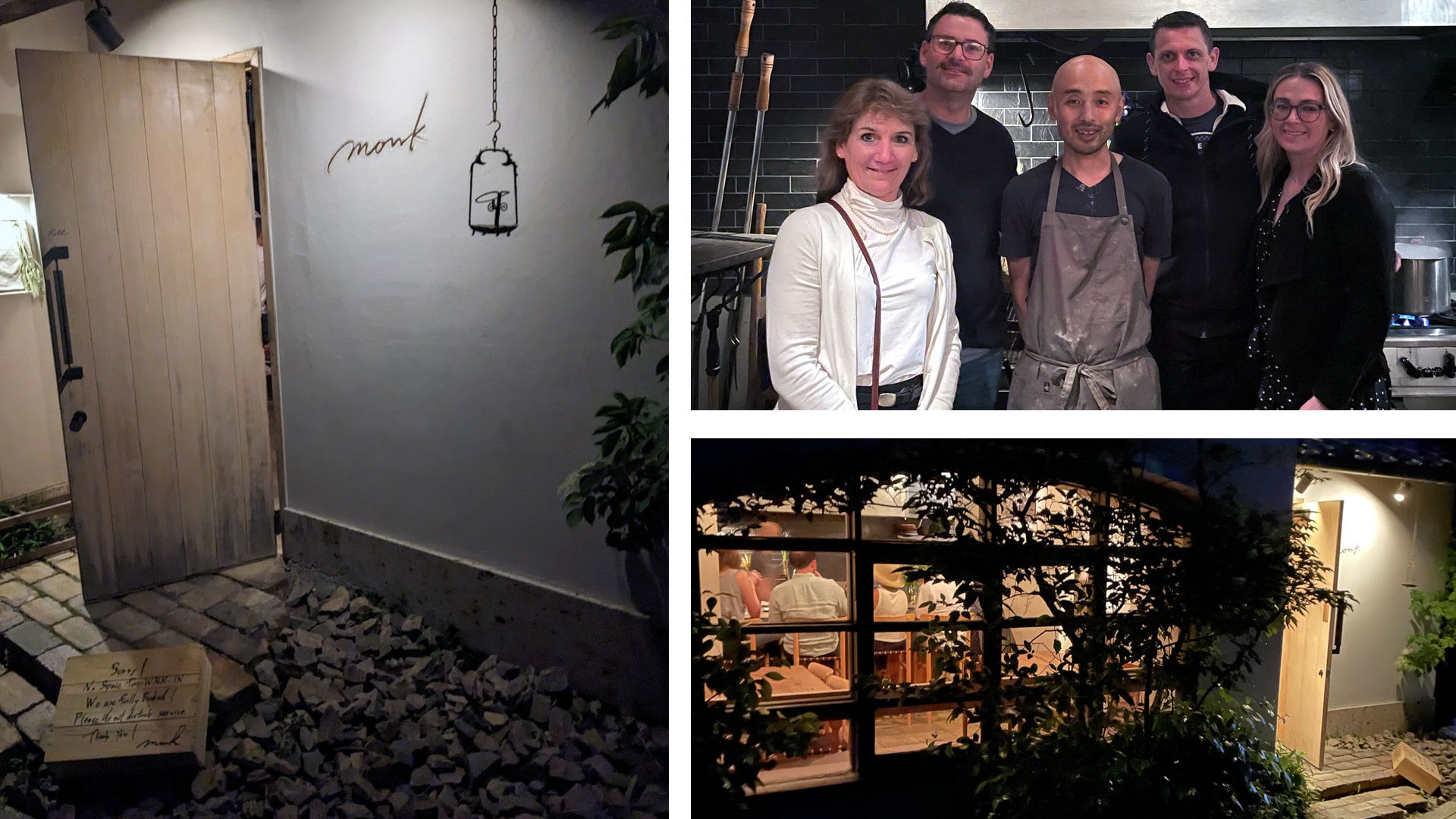 Scenes from Restaurant Monk, clockwise: Exterior of the restaurant; view of the JWU chefs with Monk owner Yoshihiro Imai; and below right, exterior view at night.