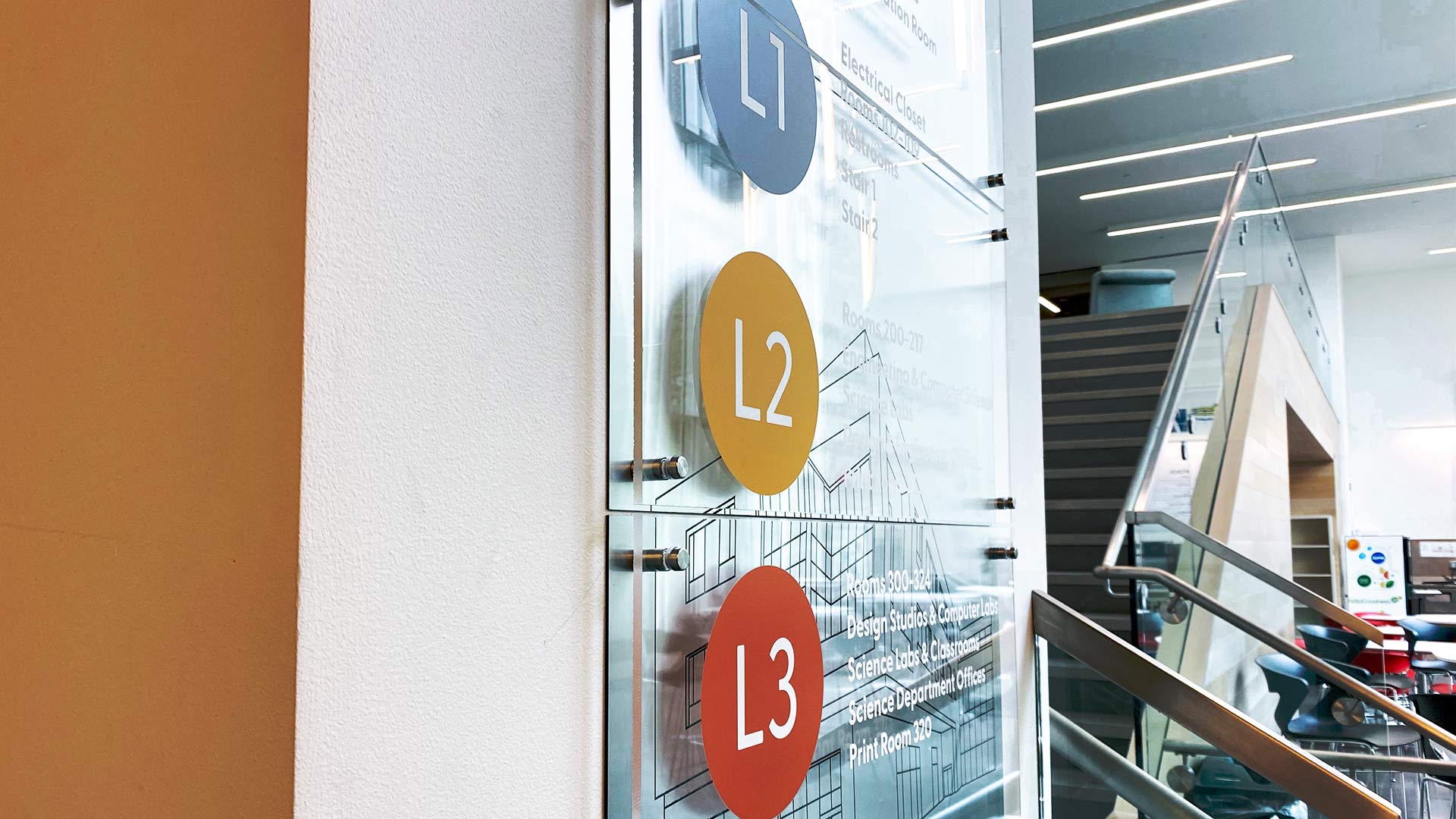 a closeup photo of wayfinding signage in the John J. Bowen Center for Science and Innovation