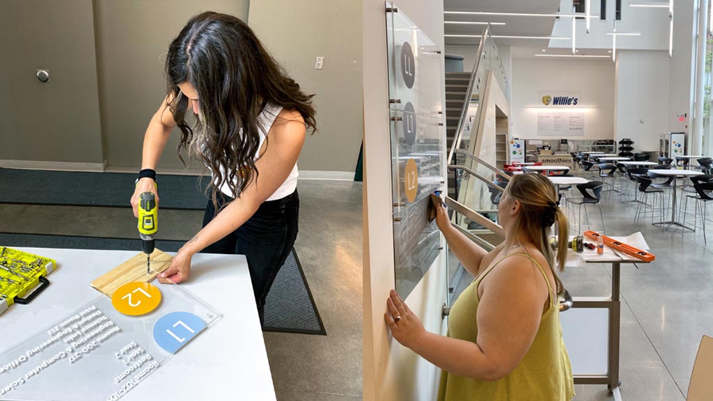 photo collage of a professor in action, left, and a student in action, right, during a wayfinding class project