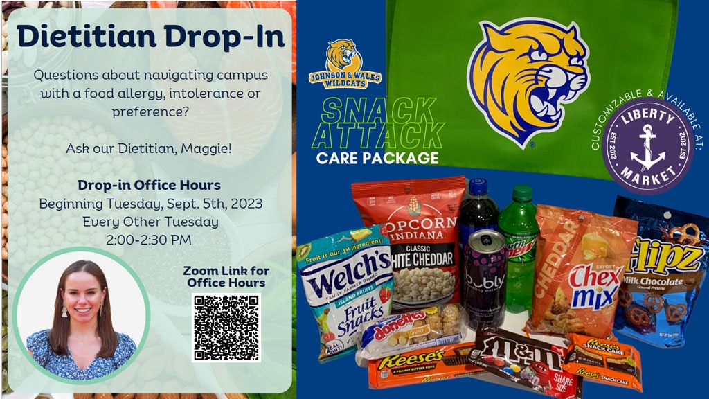 collage containing a flyer (left) advertising a Zoom meeting with a nutritionist for JWU Charlotte students and (right) a care package for JWU Providence students that can be customized