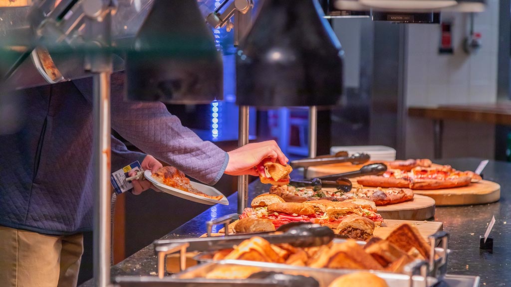 closeup of slices of pizza on display at Harborside Cafe