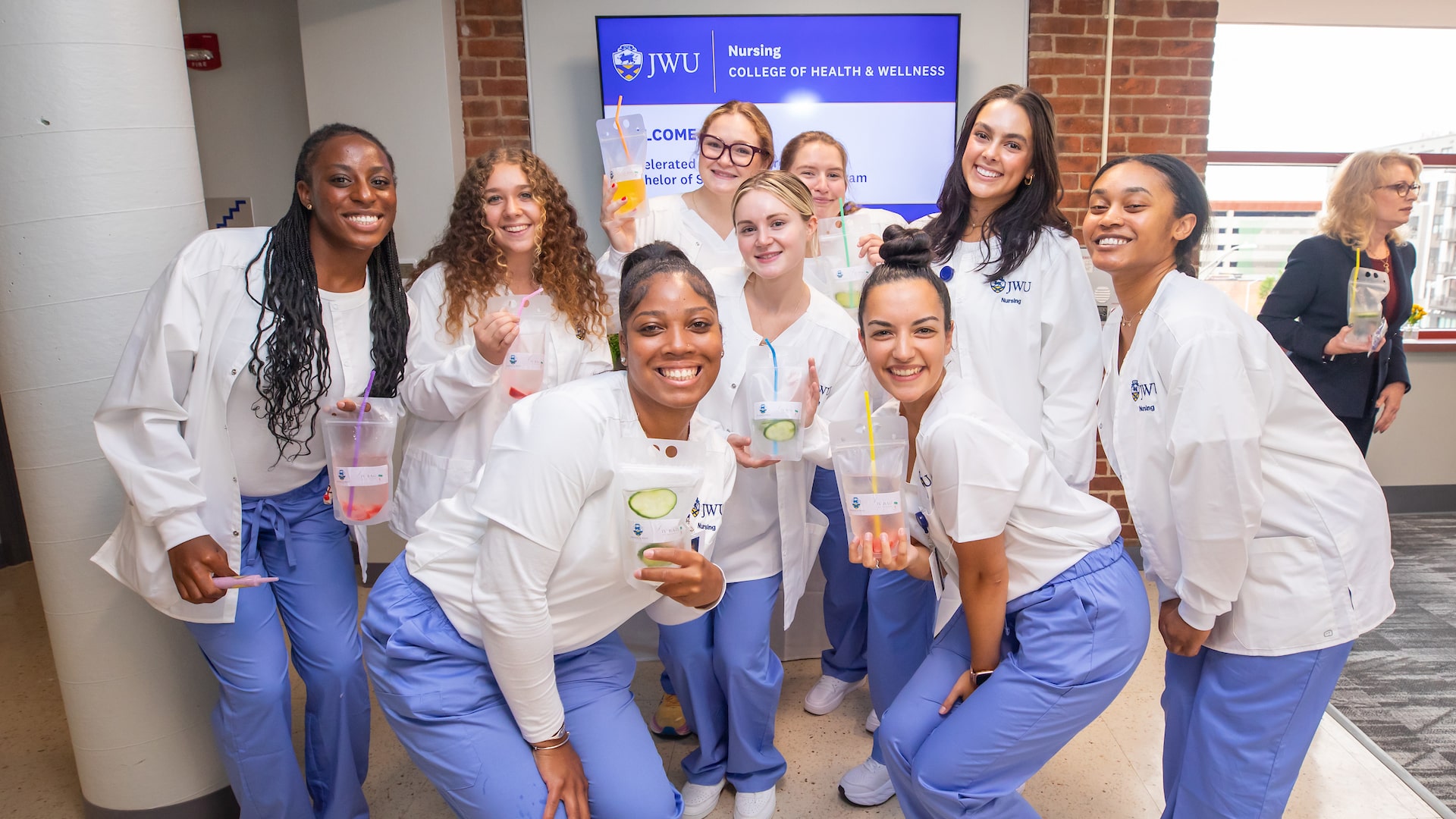 Students from JWU’s first Nursing cohort welcome visitors to the newly-unveiled facility.