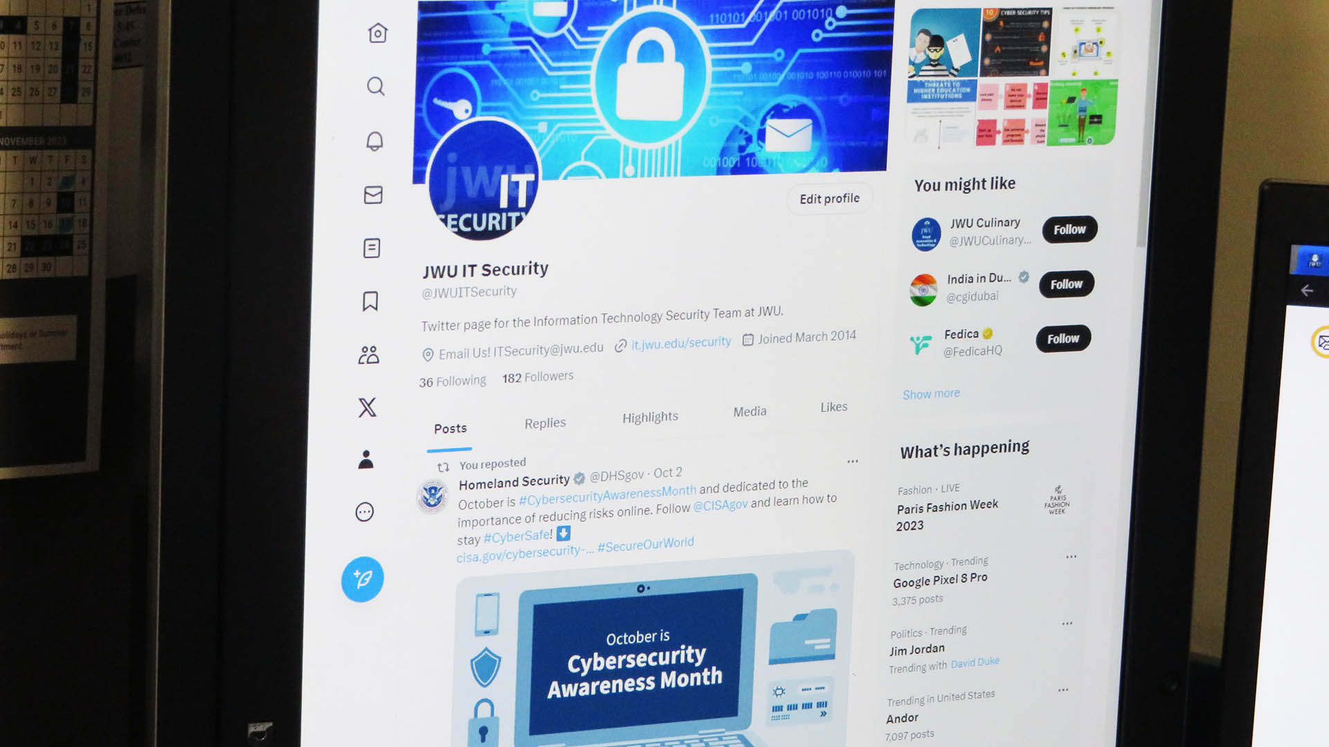 a closeup photo of an open computer screen showing the homepage of the JWU IT Security page on X (formerly Twitter)