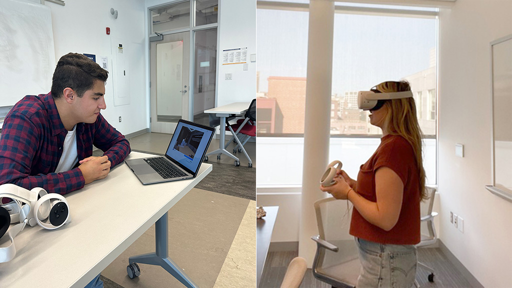 On the left, a boy looks at a laptop on a desk, on the right, a girl uses a virtual reality headset while standing