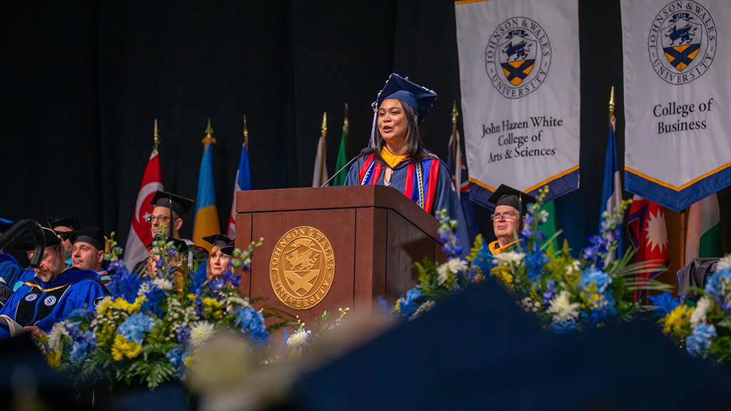 Hillary Thilavong '23 delivers the JWU student speech at Commencement 2023