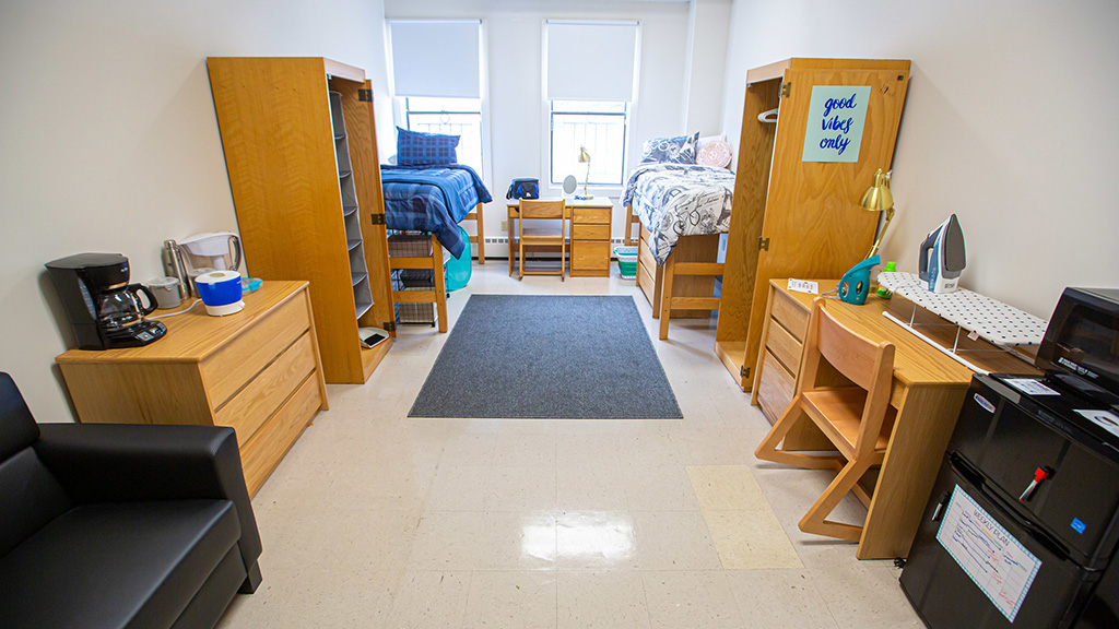 A JWU dorm room with two beds