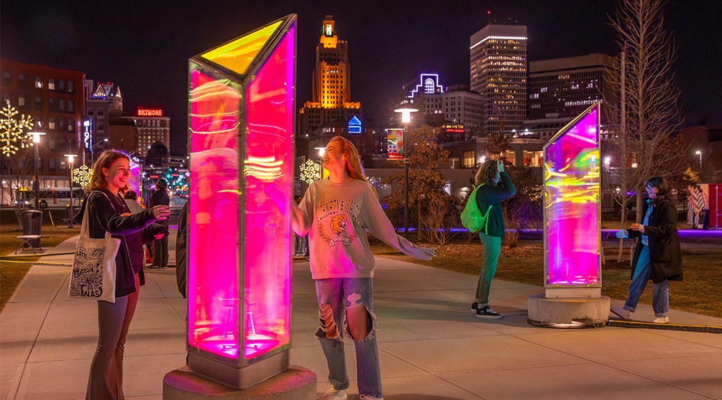 Students exploring the Creative Capital enjoy a traveling interactive public art installation in 195 District Park near the downcity campus.