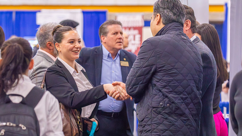 A woman shaking hands with a man