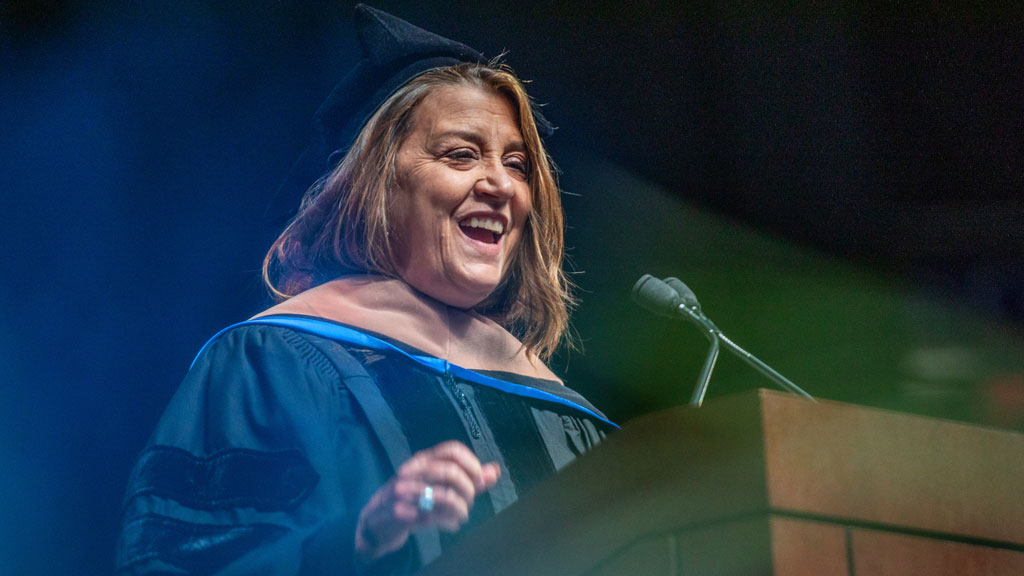 Dorothea Bongiovi '24 Hon. at the 2024 JWU Providence Commencement podium.