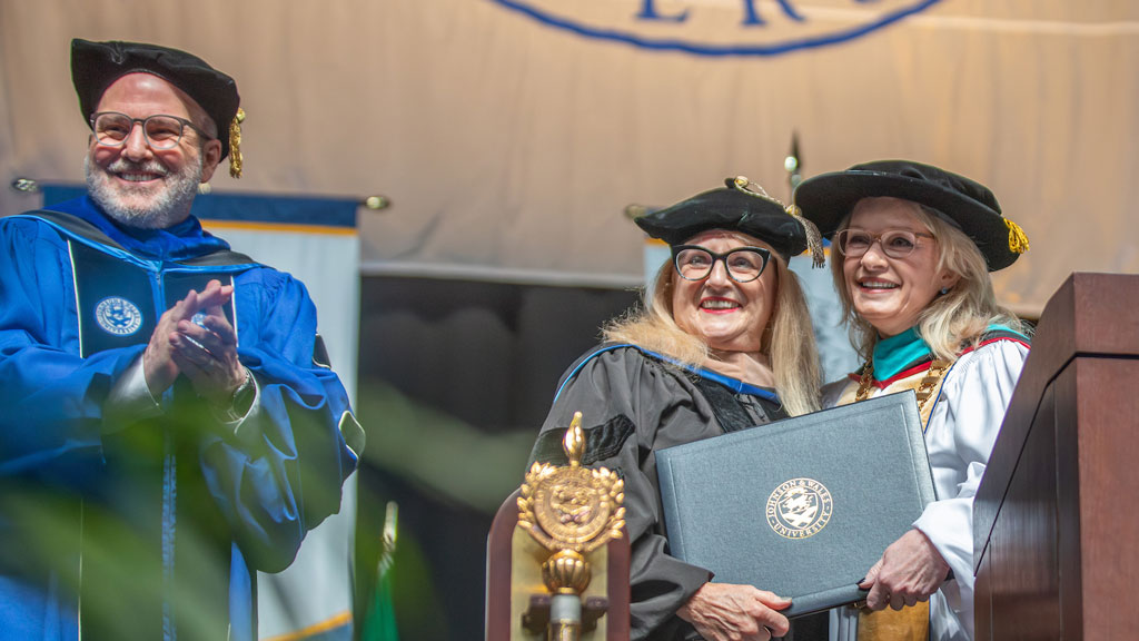 Provost Rich Wiscott, honorary doctorate recipient Dale Jane Venturini, and Chancellor Mim Runey.