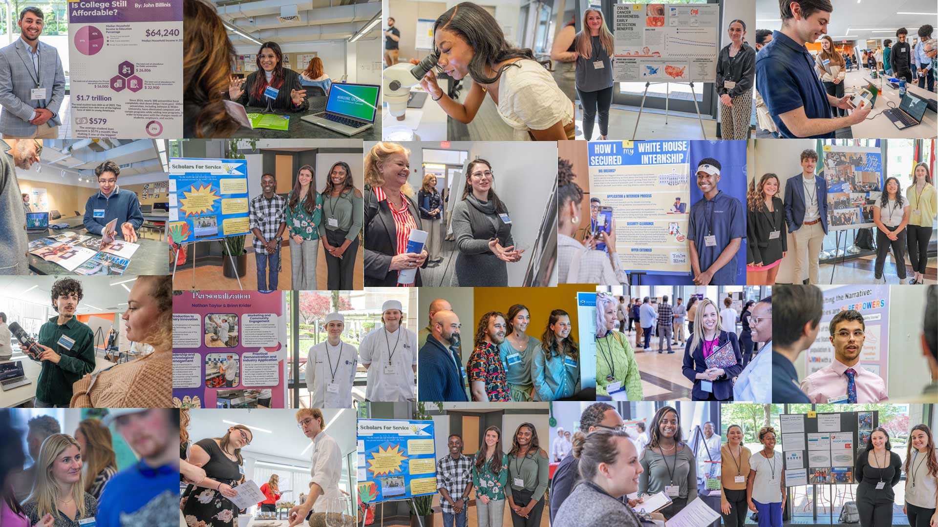 a photo collage of various scenes from the Student Research, Design and Innovation Symposium in Providence and Charlotte