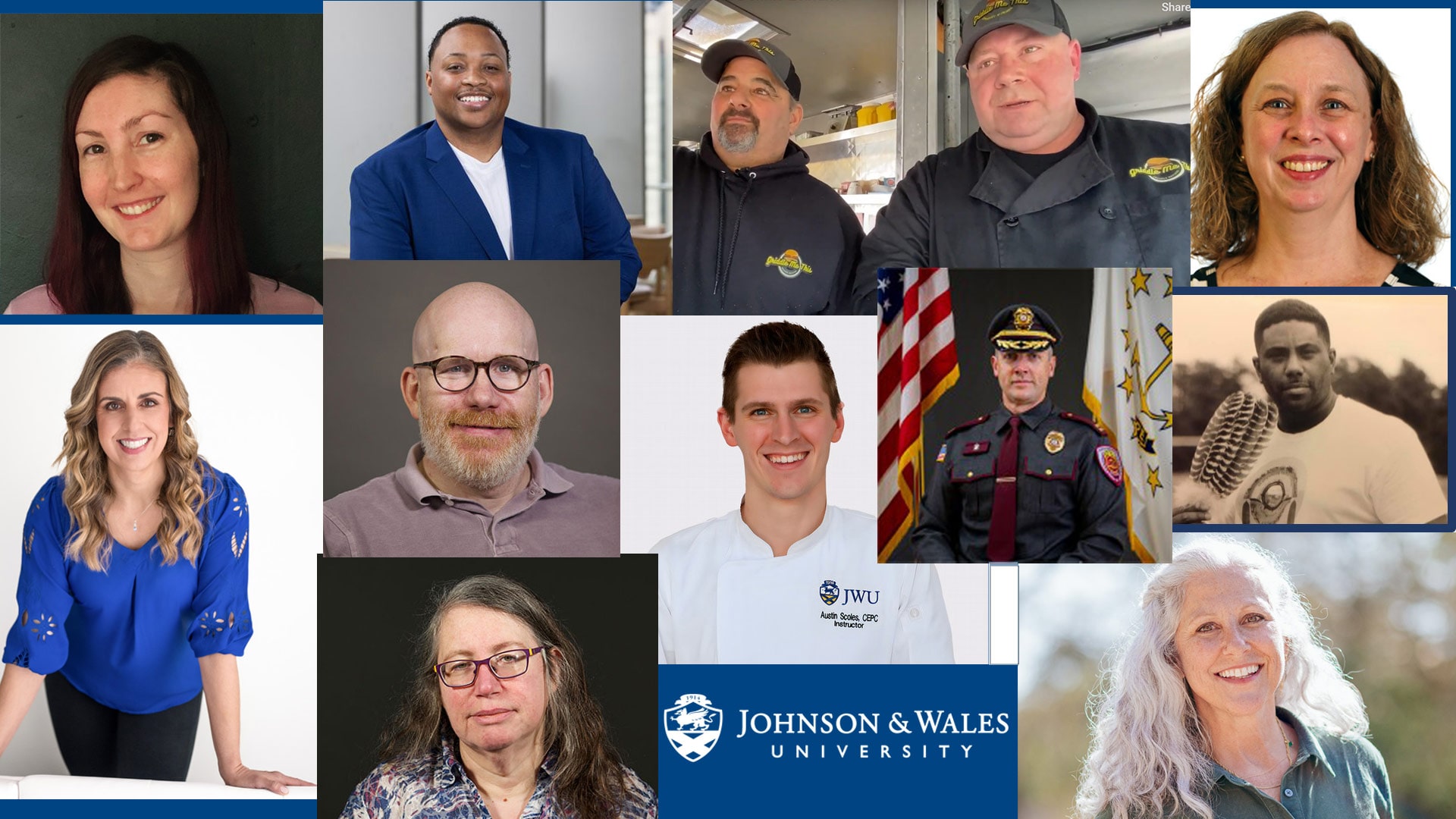 a collage containing headshots of various people plus the JWU logo