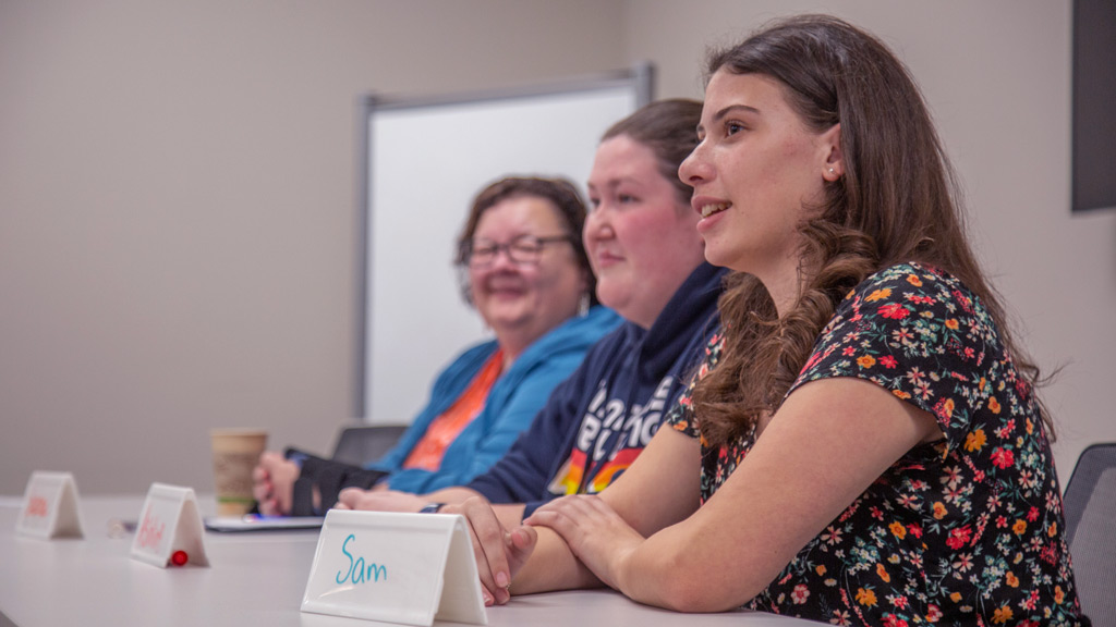candid photo of panelists speaking on a JWU Providence first-gen panel