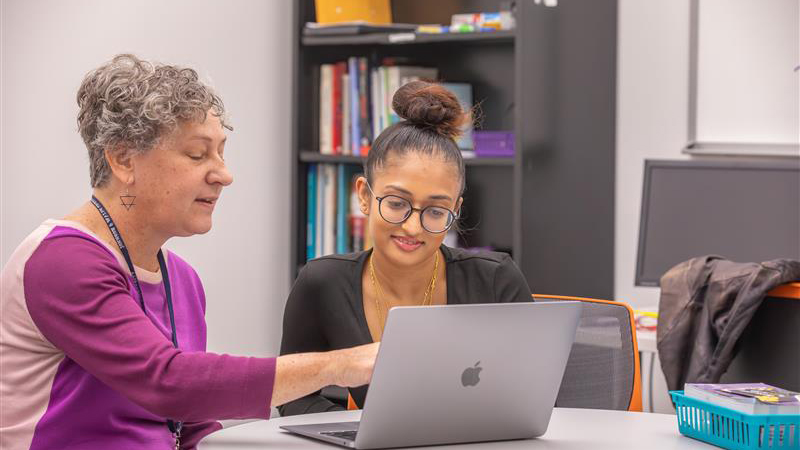 Student and academic advisor sit together and look at a laptop