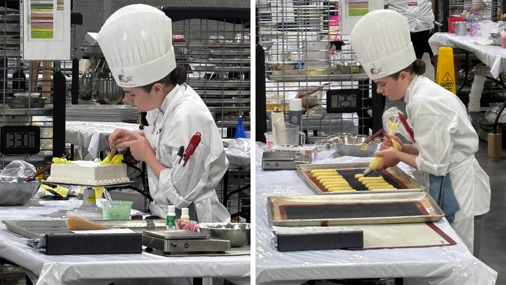 During the competition, Ava decorated a cake (left), and piped pâte à Choux into eclairs (right).