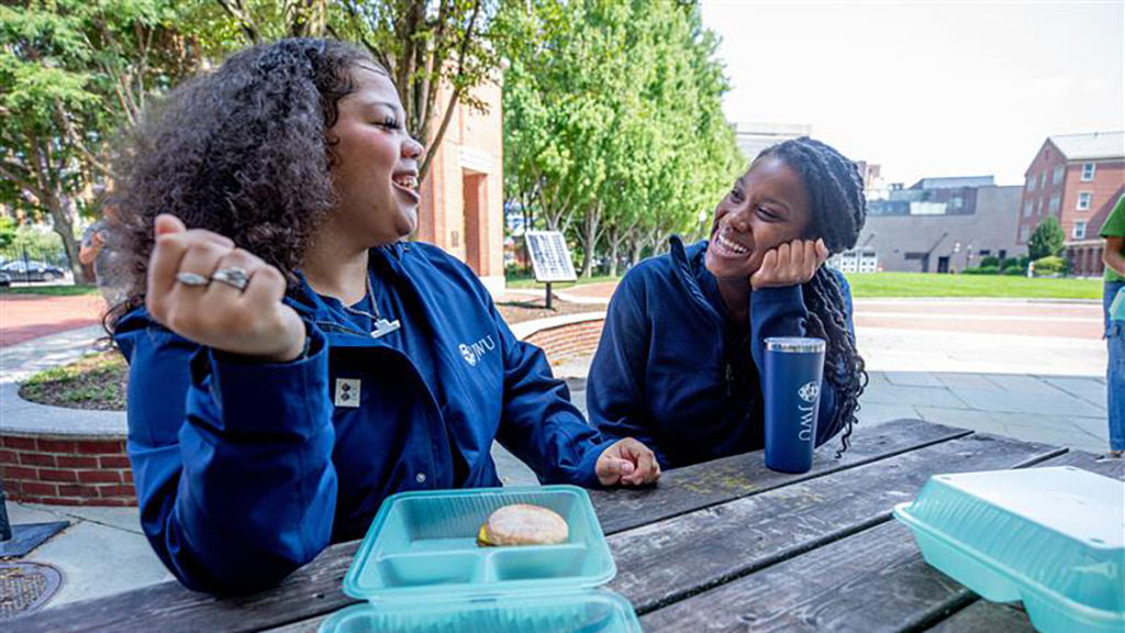 Students talk while sitting at a picnic table on Gaebe Commons