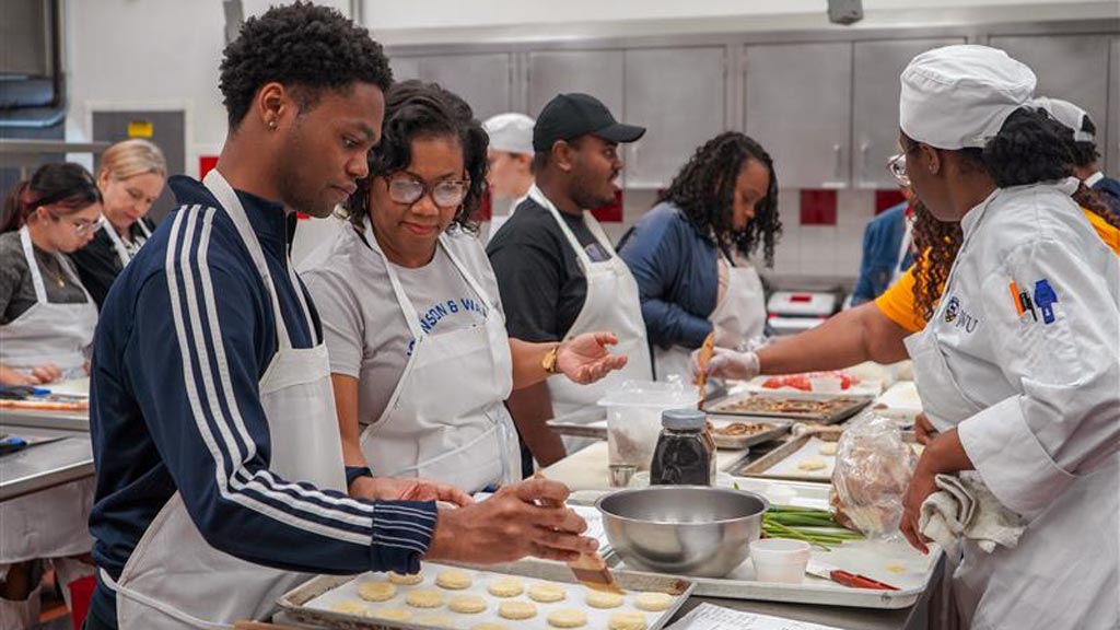 Mom and son cooking together