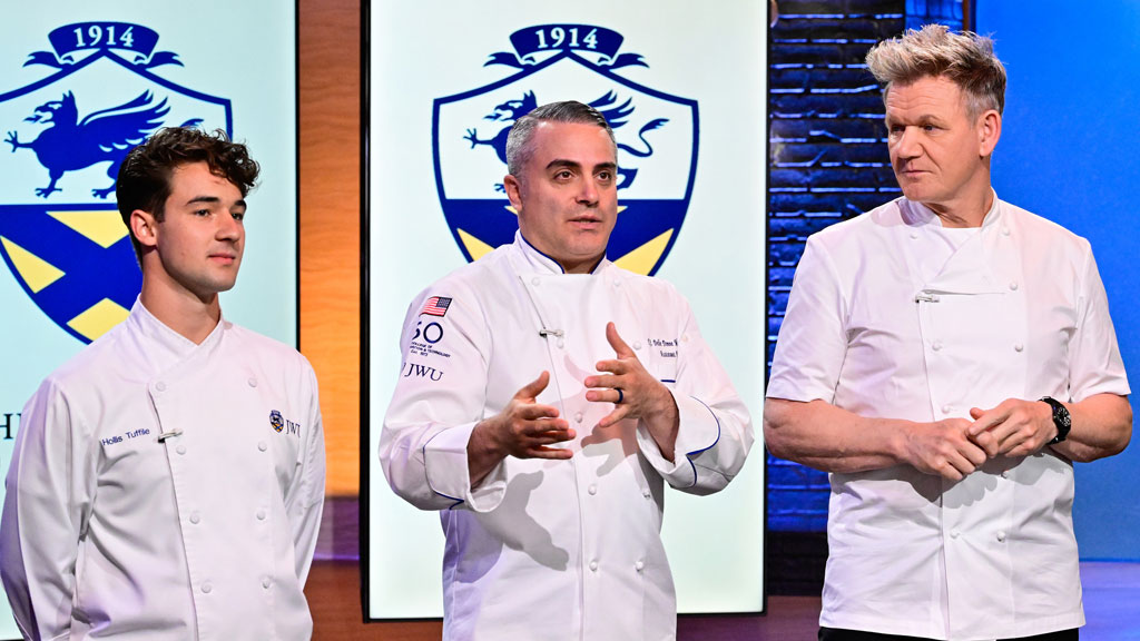 Hollis Tuffile '26, Assistant Dean T.J. Delle Donne and Hell’s Kitchen host Gordon Ramsay. Photo courtesy: Fox/ITV