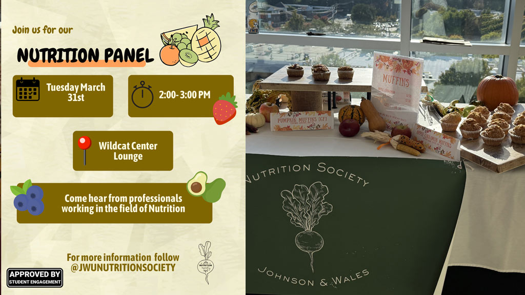 college containing a Nutrition Society event flyer and photo from a past event