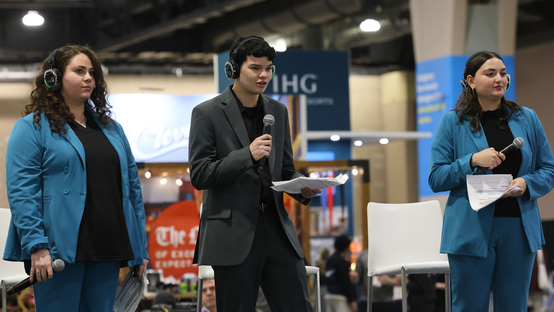  Natalie Silverman ’25, ’26 MBA; Leif Knudson ’26; and Savannah Seda’25, ’27 MBA presenting at PCMA Global Competition