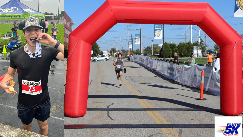 a photo collage of Maxim Allor '26 biting a medal and running a race