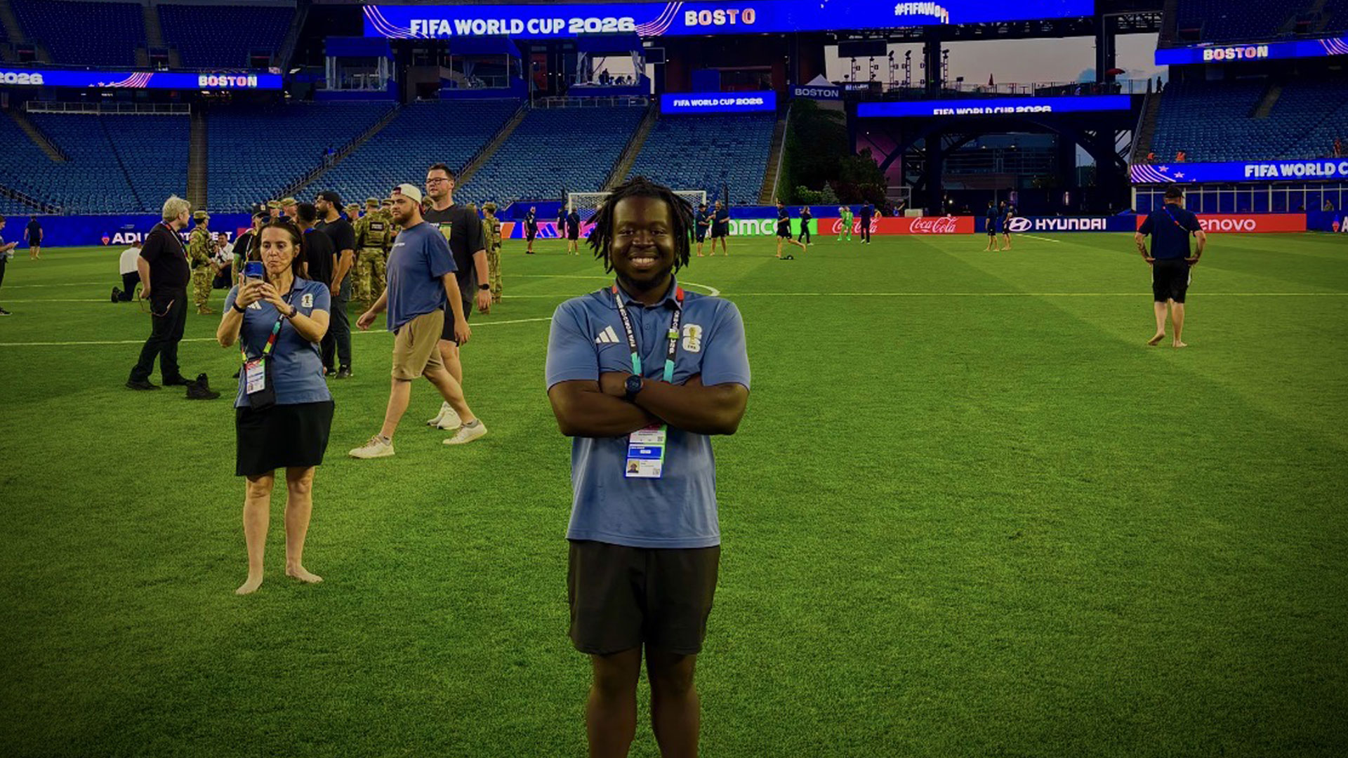 Soh Kone '26 at Boston Stadium working for FIFA during World Cup 2026